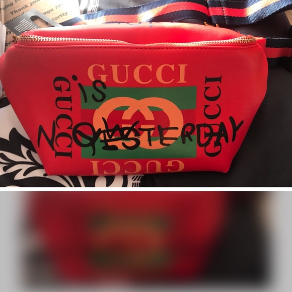 red gucci fanny pack with writing